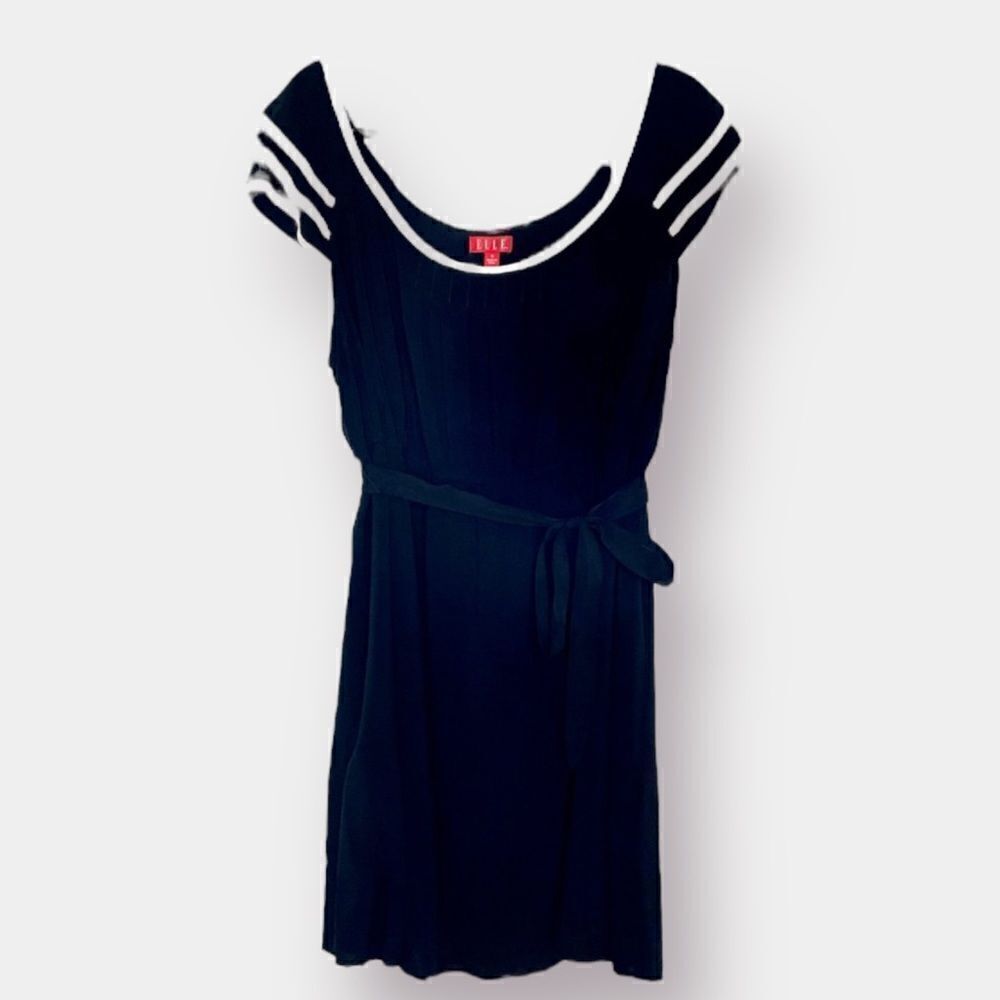 Elle Black Dress with Cream Trim Elastic Waist with Tie